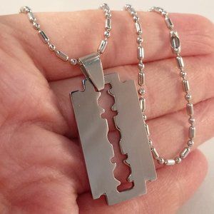 Mens Silver Stainless Steel Smooth Razor Blade Pendant Bamboo Chain Necklace